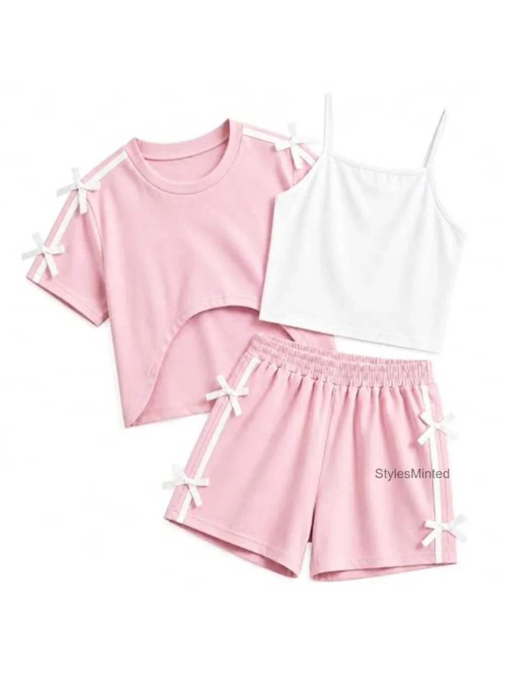 Girls 3 Piece Outfit Crop Top Cami Tank Shorts Bow Knot Summer Set Cotton Blend